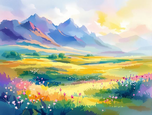 A vibrant digital watercolor painting of a serene landscape, showcasing fluid brushstrokes and translucent color blending, with subtle AI-generated artistic flourishes.