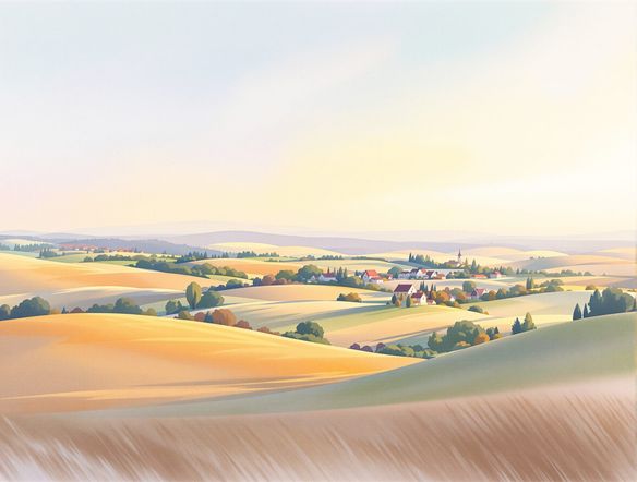 A serene landscape with rolling hills and a distant village, rendered in a vibrant watercolor effect AI style. Soft, blended colors and visible brushstrokes, generating digital watercolor art.