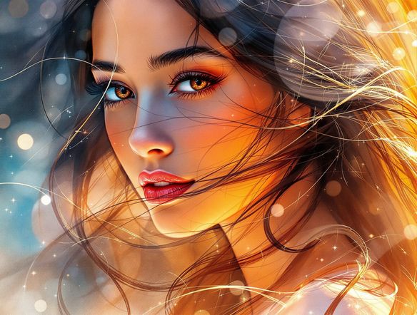 A portrait of a woman with flowing hair, overlaid with a realistic watercolor filter generator effect. Soft edges, luminous colors, and subtle paper texture, creating a beautiful virtual watercolor painting.
