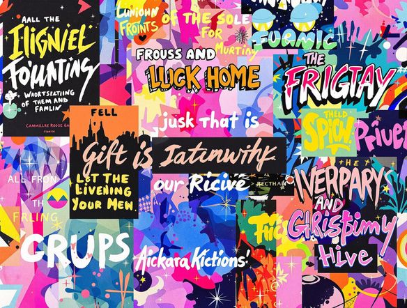 A vibrant collage of images featuring text overlays, each with a unique font and style, set against various colorful and dynamic backgrounds.