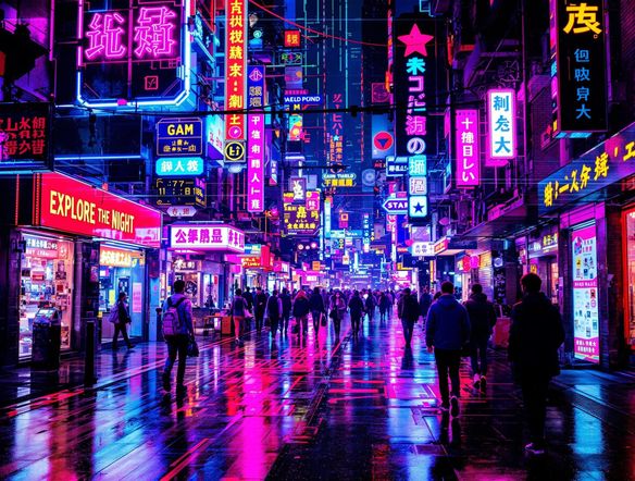 A vibrant photograph of a bustling city street at night, with neon signs and bold text overlays that read 'Explore the Night'. Use a cyberpunk aesthetic with glitch effects.