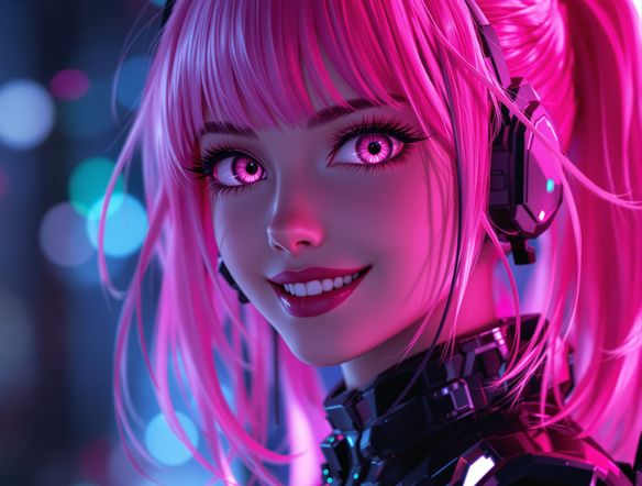 A close-up, custom anime style photo of a smiling young woman with vibrant pink hair, large expressive eyes, wearing a futuristic cyber-punk outfit, rendered in a sleek, modern anime aesthetic.