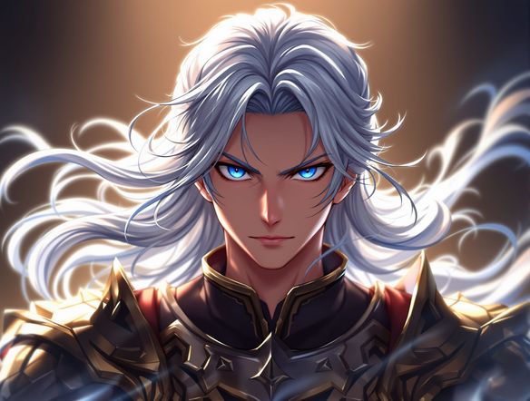 A vibrant, high-resolution anime character portrait generated from text, featuring a brave adventurer with striking blue eyes and flowing silver hair, intricate fantasy armor, dramatic lighting.