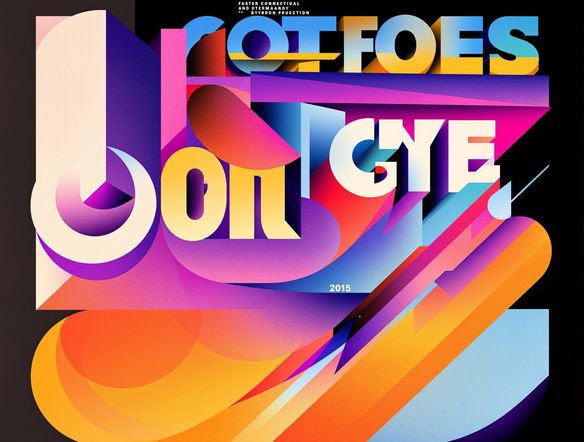 A visually striking abstract typography poster with bold, layered fonts and vibrant color gradients, showcasing a dynamic interplay of text and design elements.