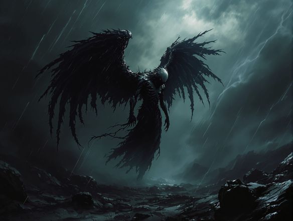 A dramatic scene depicting a fallen angel with dark, tattered wings, standing in a stormy, ethereal landscape. Contrasting light and shadow, gothic fantasy art style.