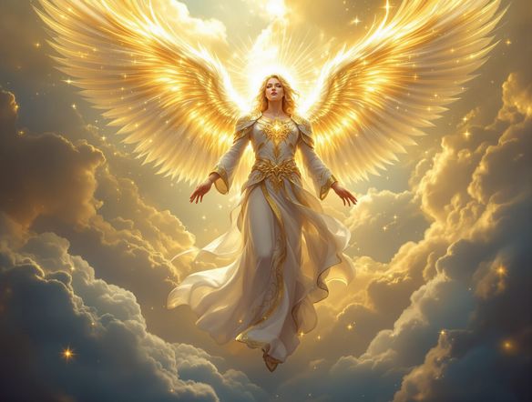 A majestic archangel with luminous wings, radiating golden light, standing on clouds. Intricate divine patterns adorn its robes. Detailed, ethereal, high fantasy art.