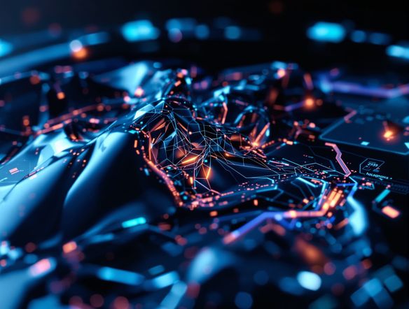 Close-up of a futuristic digital hologram creator interface, displaying a complex 3D model with a smooth, shiny texture and subtle holographic light flares, dark background, sci-fi aesthetic.