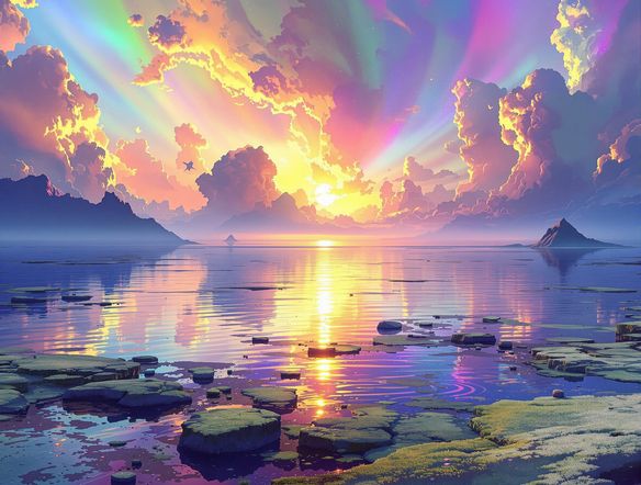 A surreal landscape artwork with an iridescent art tool effect, showcasing a vibrant rainbow sheen across the sky and water, digital painting, high detail.