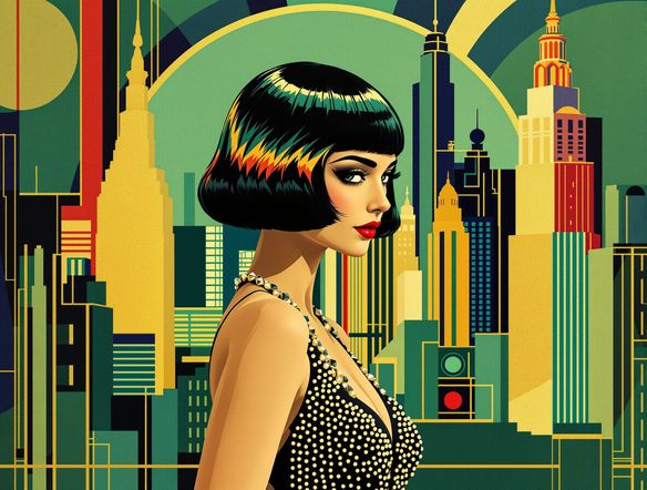 A stylized portrait of a flapper girl in a vibrant city skyline, geometric shapes, bold lines, opulent colors, modern Art Deco art style.