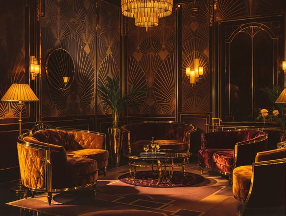 An interior scene of a luxurious 1920s lounge, featuring geometric Art Deco patterns on wallpaper and furniture, golden accents, velvet textures, and a sophisticated ambiance.