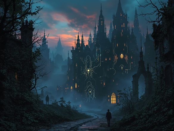 An abandoned, overgrown cybernetic cityscape at twilight, with glowing circuit patterns and decaying gothic architecture, digital dark art, dark electro art, moody lighting, volumetric fog.