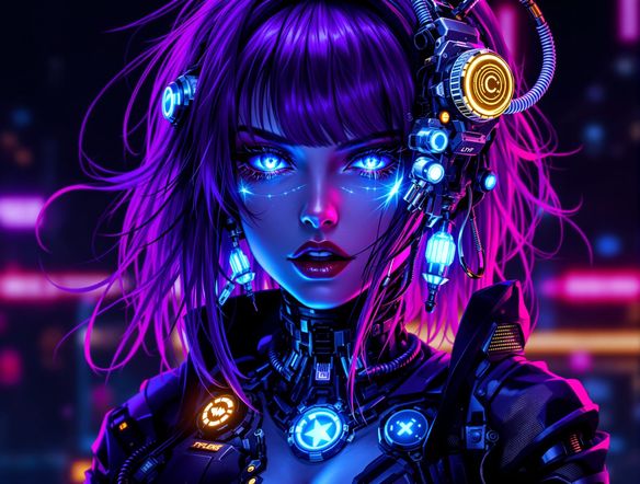 A striking Cyber Goth illustration featuring neon accents, intricate mechanical details, and a bold, dark aesthetic. The character has vibrant purple hair and glowing cybernetic implants.