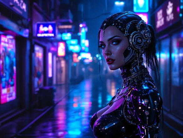 A striking female cyborg adorned with intricate gothic jewelry, standing in a neon-lit, rain-slicked alleyway, futuristic Gothic style, dark atmosphere, high detail.