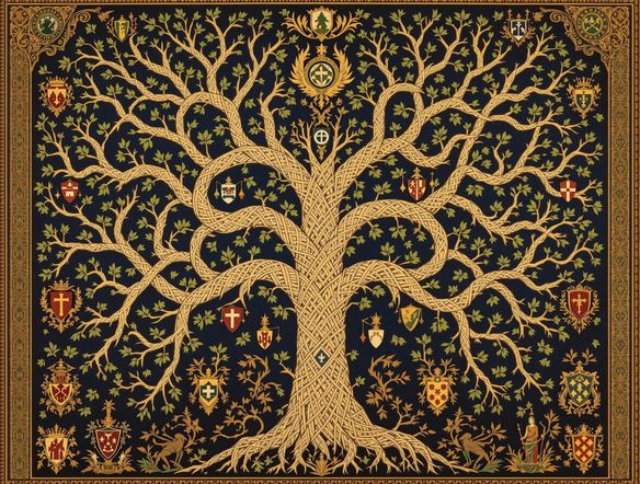A detailed organizational chart depicting the family tree of a powerful elven dynasty. The style should resemble a medieval tapestry, with intricate details and heraldic symbols. Use a color palette of deep blues, greens, and golds.