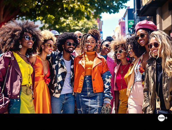 A vibrant, eye-catching Facebook Ad mockup featuring a diverse group of people wearing stylish clothing, with a modern clothing brand logo subtly displayed.