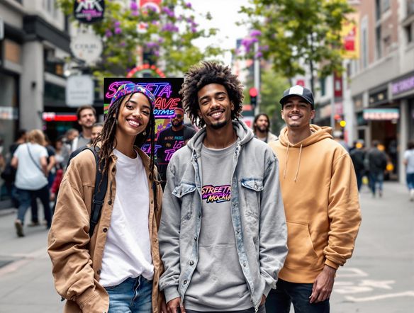 A dynamic Facebook Ad mockup displaying a streetwear logo generator design prominently. The ad features a diverse group of young adults, emphasizing the brand's appeal and creating a sense of community. High-energy and modern aesthetic.