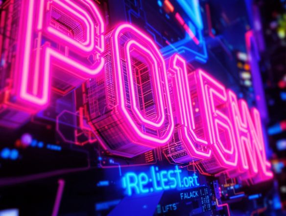 A close-up of a poster featuring a bold, futuristic font with neon colors. The background is a blurred cityscape at night. The font appears to be glowing and casting shadows.