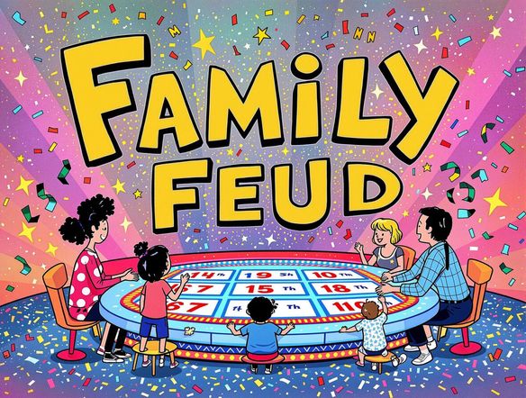 A vibrant and playful logo design for a 'Family Feud' game night. The logo features bold, cartoonish letters with fun, quirky elements. The background is bright and colorful, with confetti and stars.