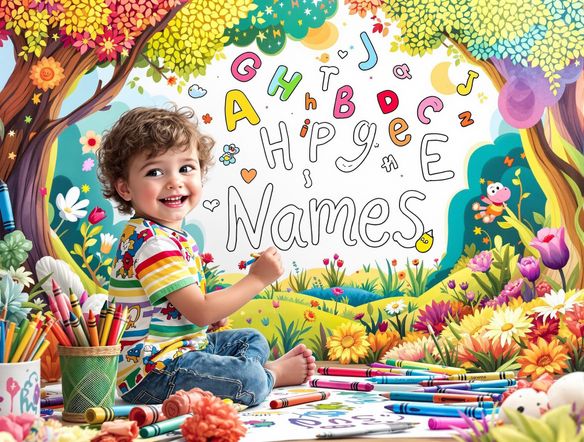 A child joyfully coloring a custom name coloring page with vibrant crayons, surrounded by floating letters and art supplies in a whimsical style.