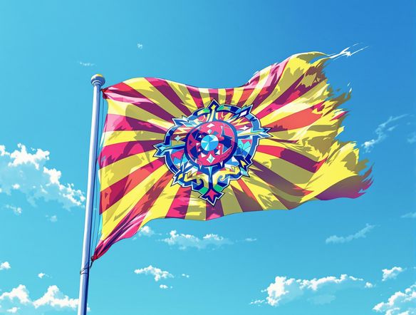 A vibrant flag waving proudly against a clear blue sky, showcasing a unique emblem with bold colors, anime ai generator.