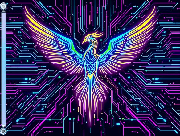 Design a flag for a fictional cyberpunk country. The flag should incorporate neon colors, circuit board patterns, and a stylized digital phoenix. Use an ai anime art generator aesthetic to create a flag that is both futuristic and visually striking.