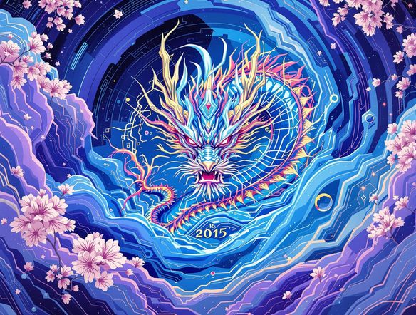 Create an anime-style flag featuring a stylized dragon emblem on a field of vibrant, swirling colors. Incorporate elements of futuristic technology and traditional Japanese art. Use the anime generator to create a flag with a striking and memorable design.