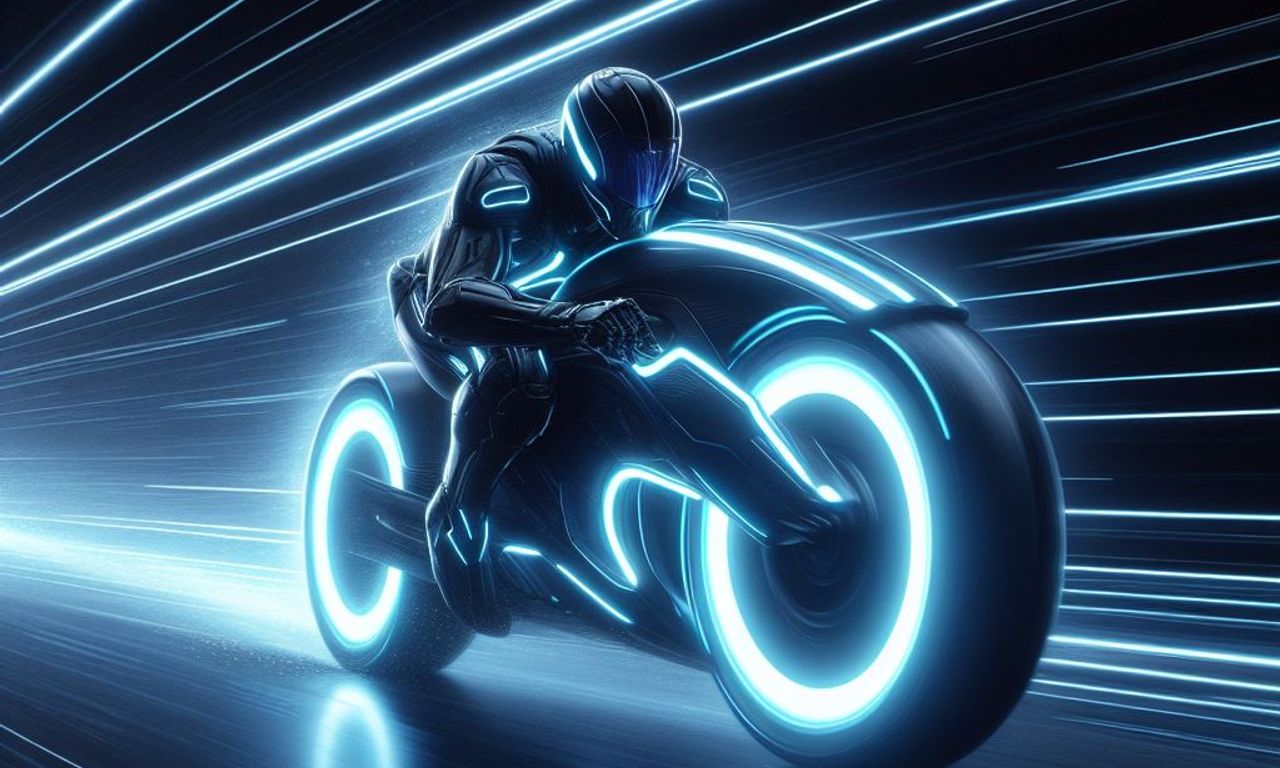 A black and blue futuristic motorcycle