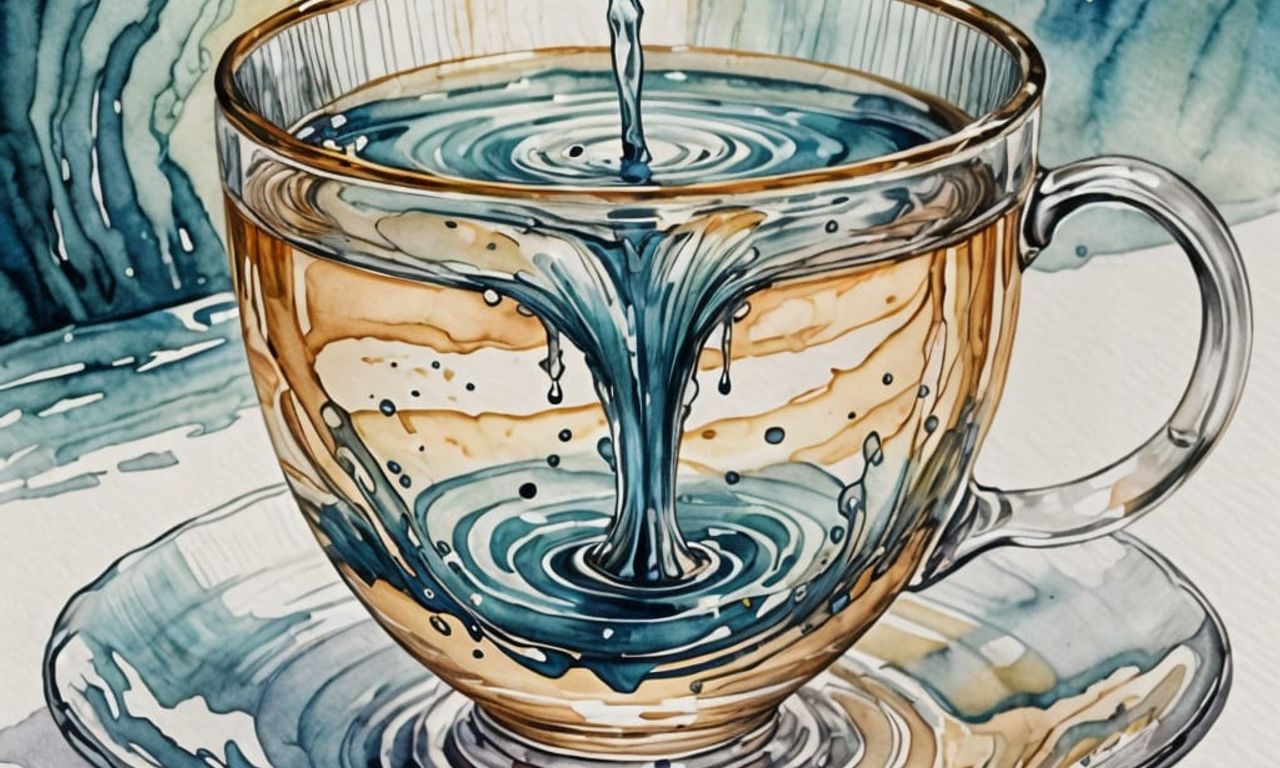 Water color, ink ark, a waterfall flows into a Whirlpool. On a beautiful clear glass teacup and sauser