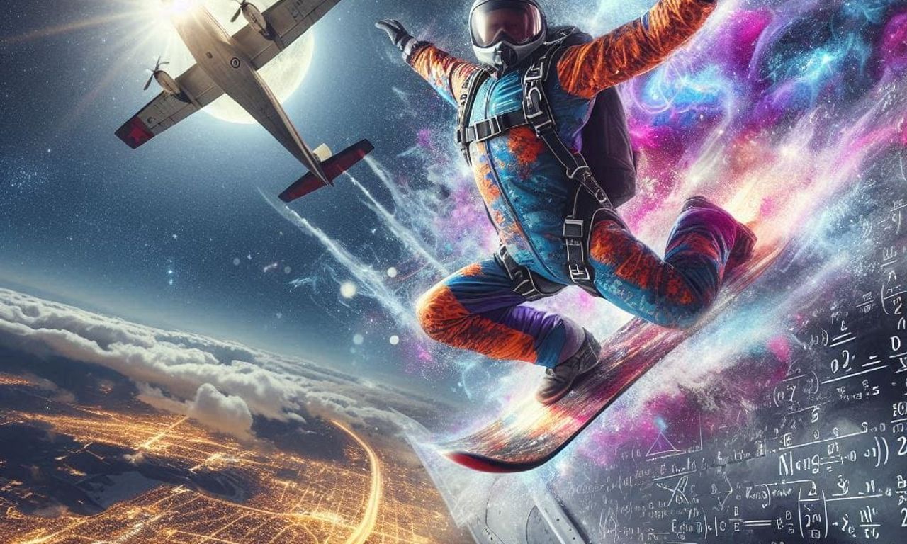 ✈️🪂 🎿 A skydiver in a colorful jumpsuit and gloves snowboarding