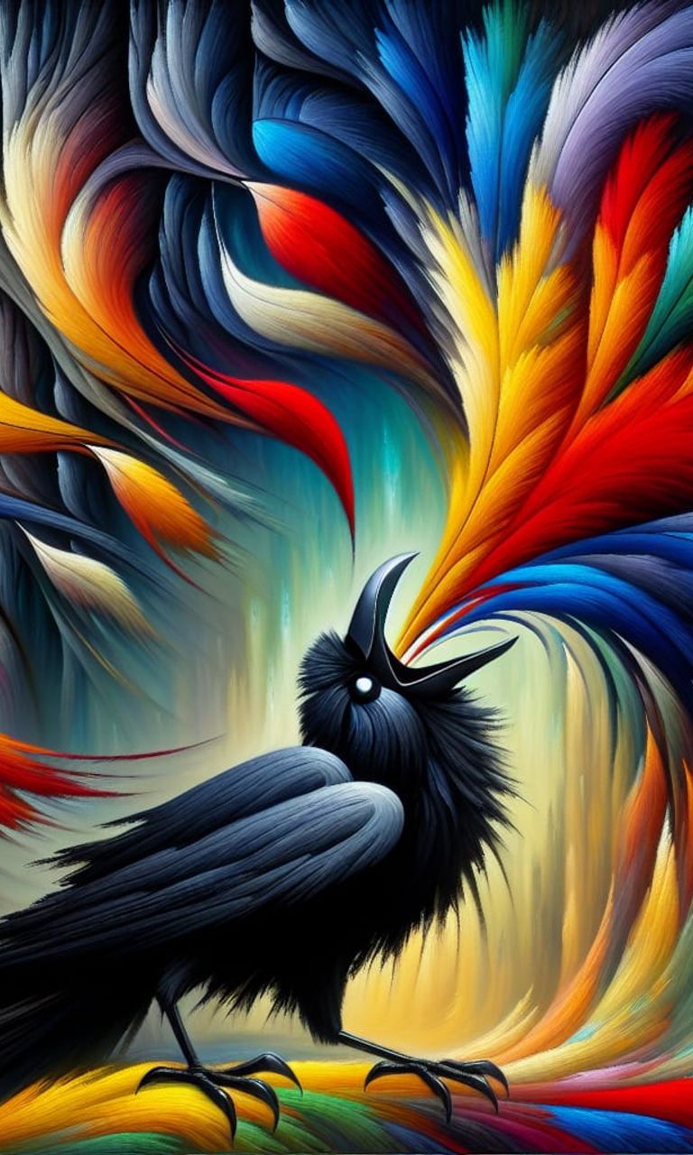 A stylized and artistic depiction of a black crow surrounded by colorful birds, angrily pulling out vibrant feathers stu...