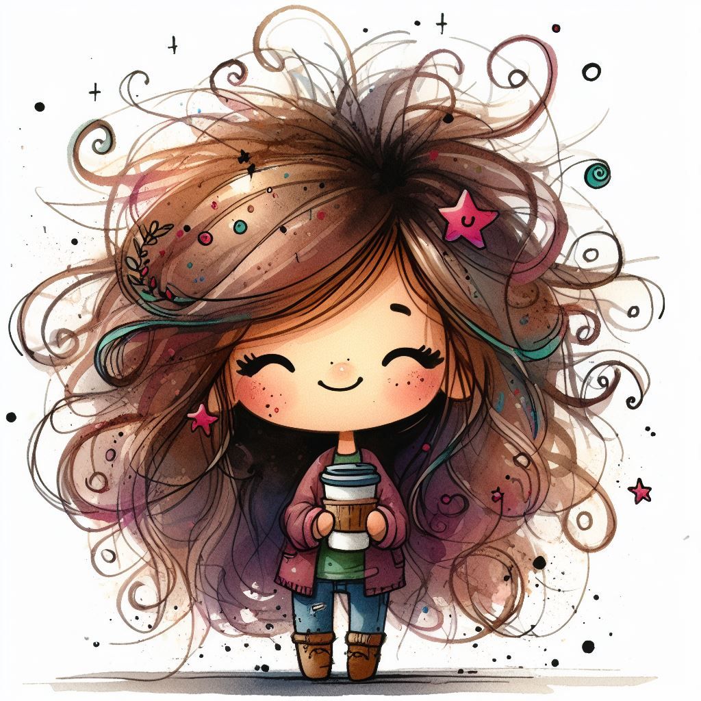 cute cartoon girl with messy hair, holding coffee cup and smiling; vibrant and colorful ink drawing, whimsical children's book illustration;...