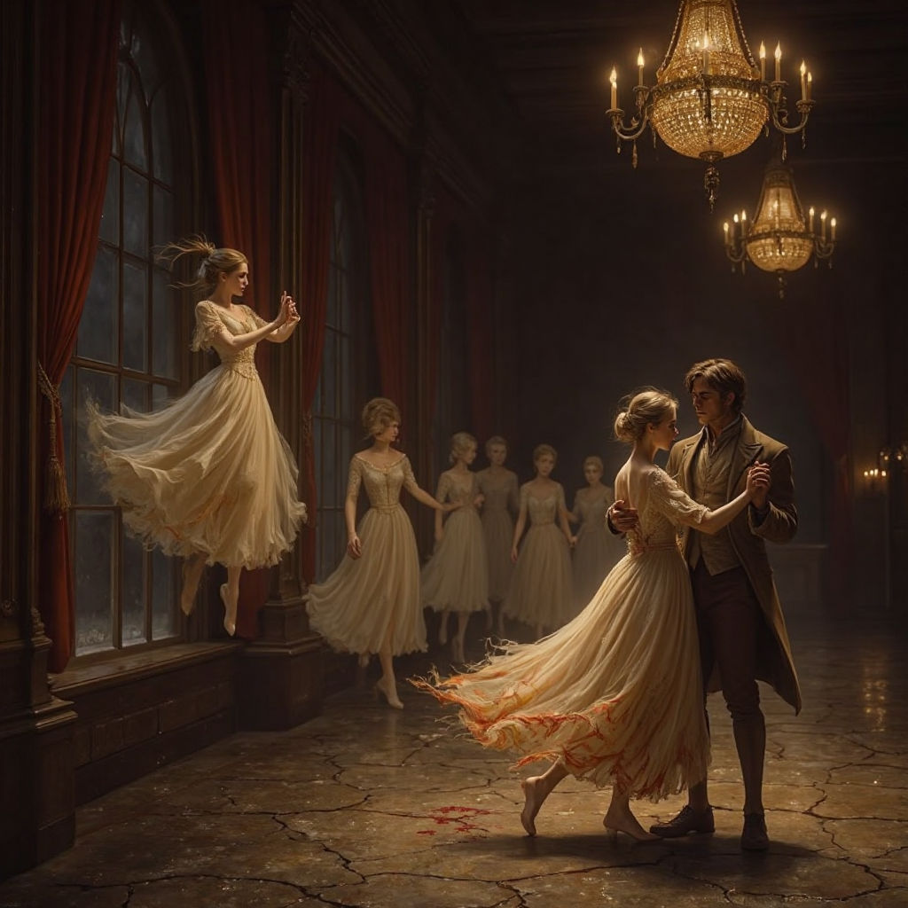 A grand haunted Versailles-style ballroom, tall arched windows with deep red curtains. Ghostly Marie Antoinette figures in blood-stained gow...