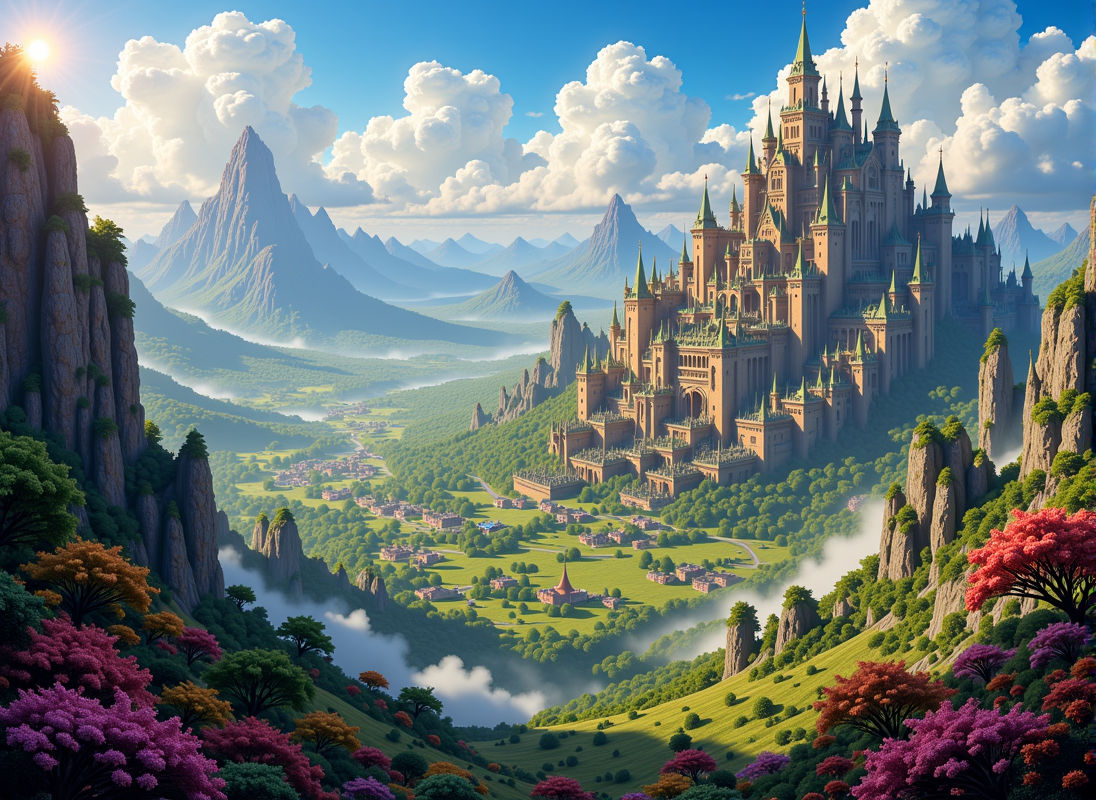 A breathtaking astonishing view from the peak of a mountain top of a vast fantasy kingdom with lush valleys and cloud piercing mountains in...
