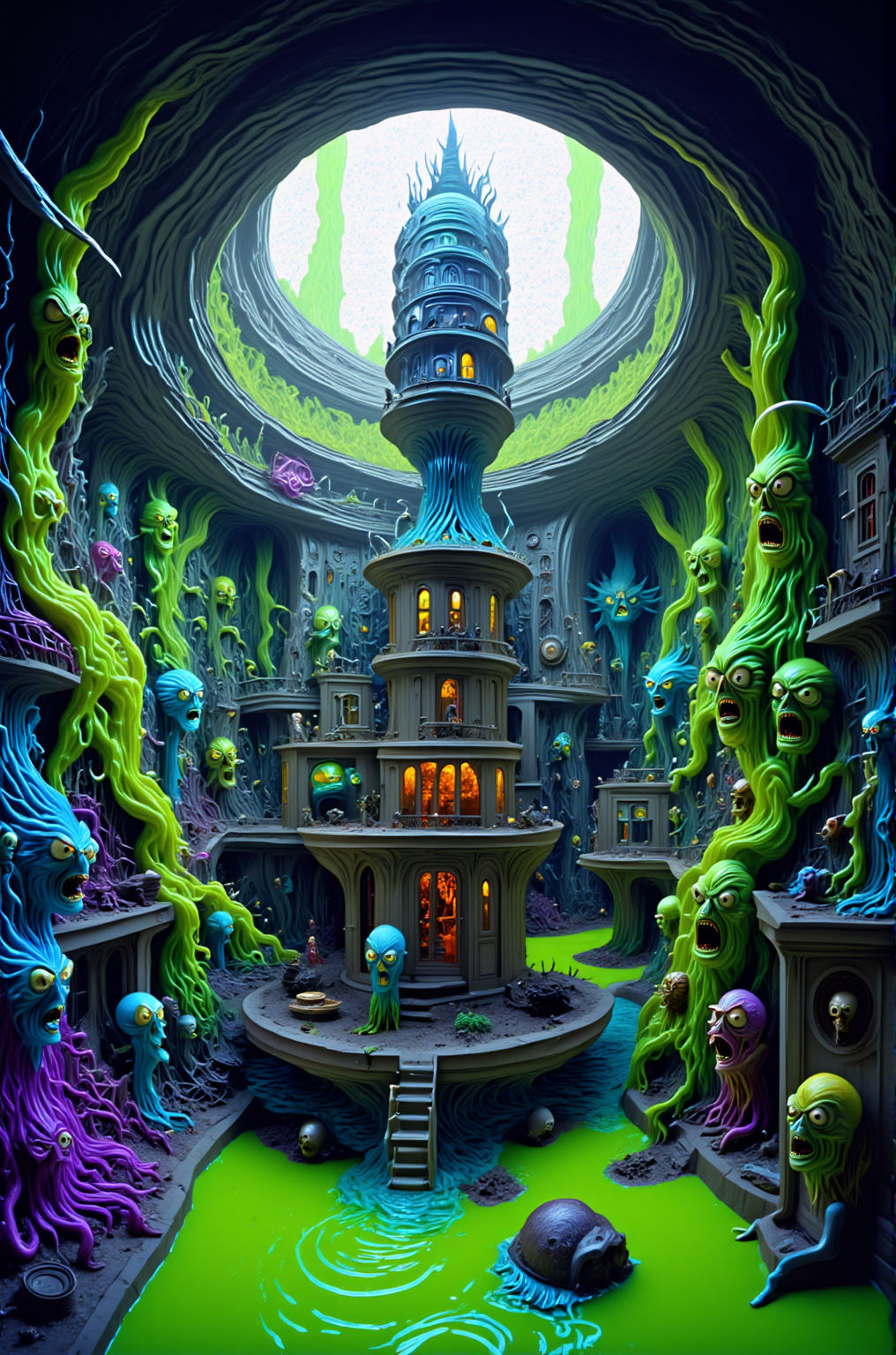 A psychedelic world hidden in the sewers below, a crazy mutant kingdom toxic waste creature city hidden in the sewers with crazy psychedelic...
