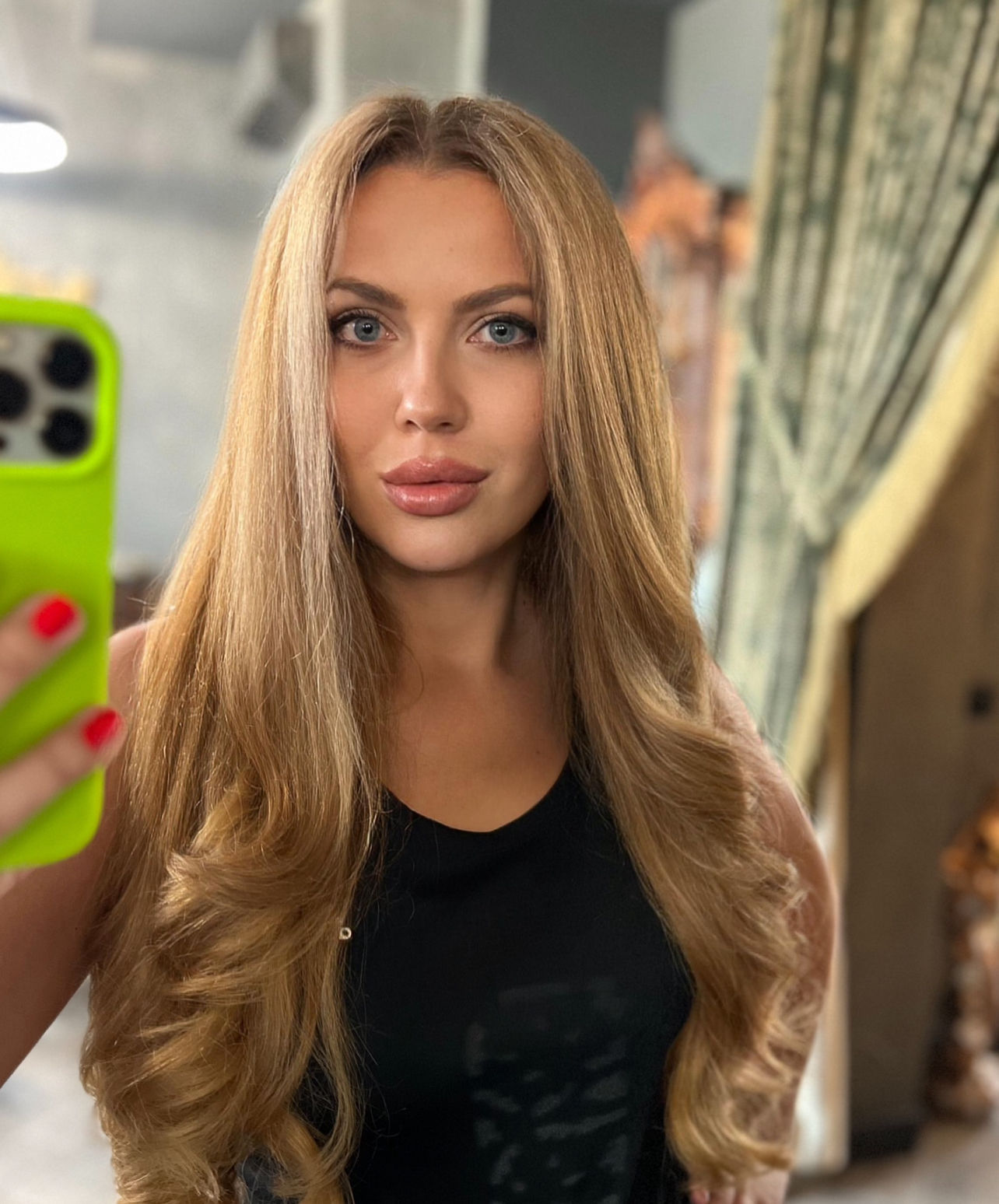 Beautiful girl with big lips in neon background and neon lights pink 