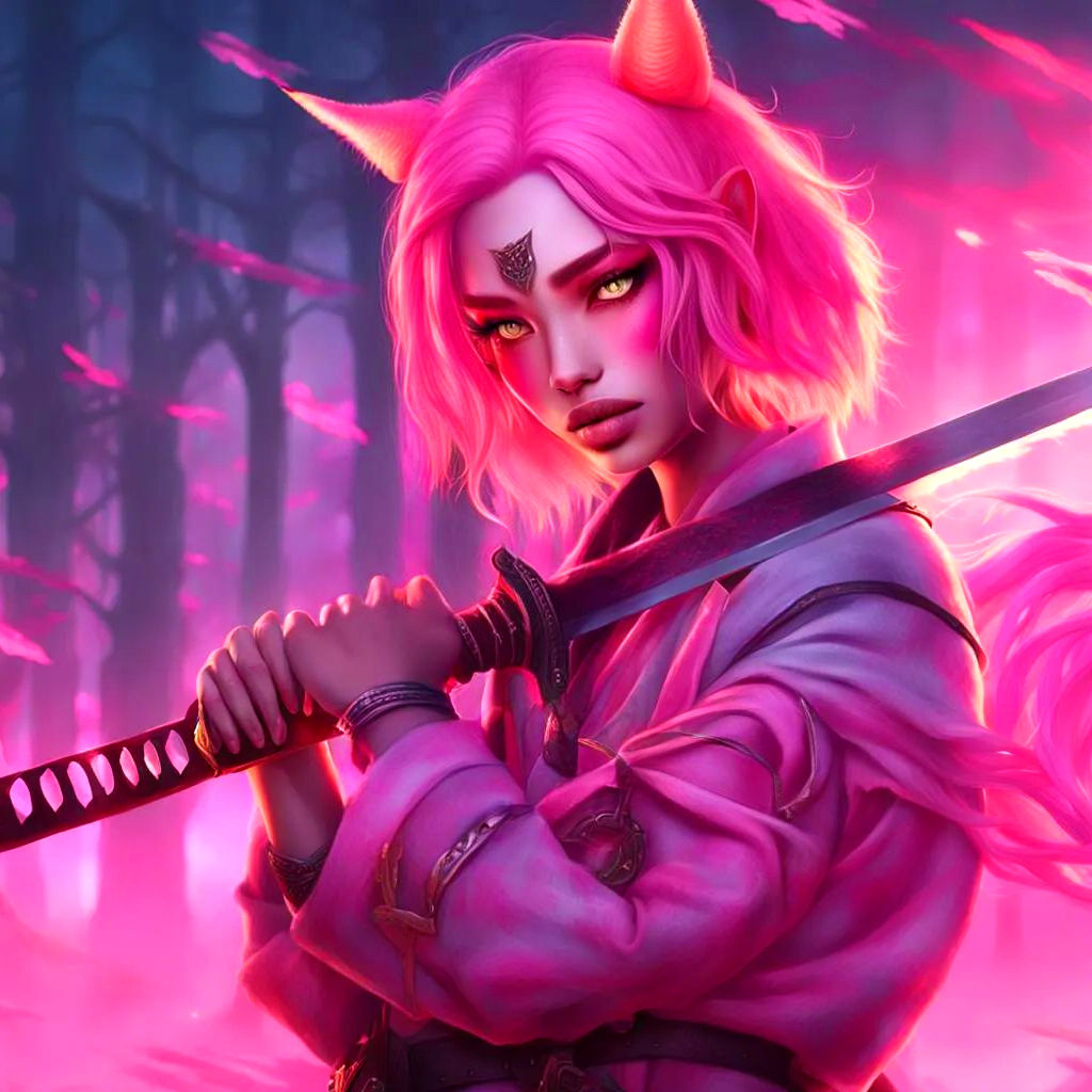 Max Twain style Caucasian girl with big lips and pink long hair and cat ears holding katana with neon background and neon words Russian girl