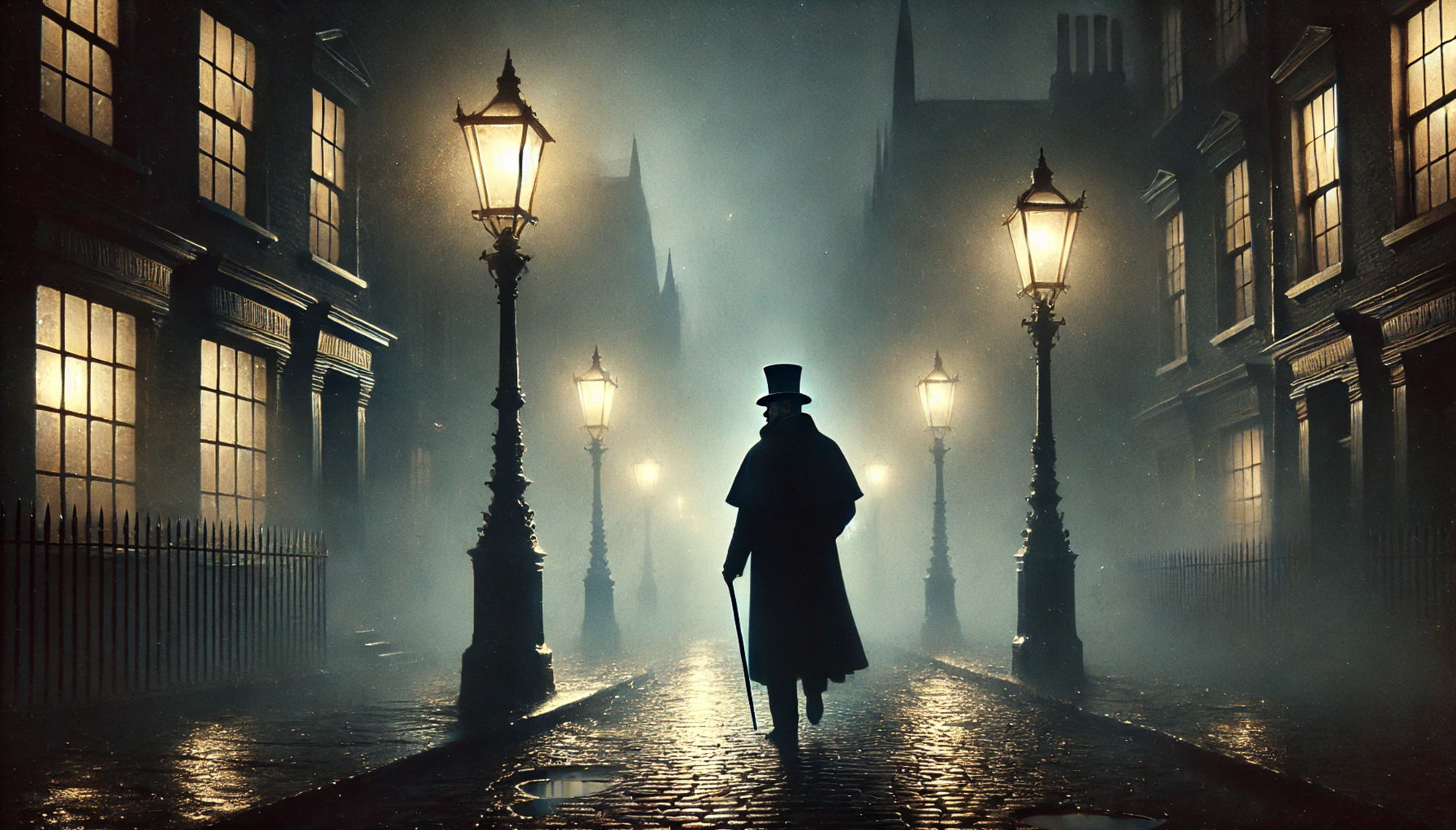 oil painting of a night scene in London from the late 19th century where you can see in the foreground a man dressed in a top hat and cane w...