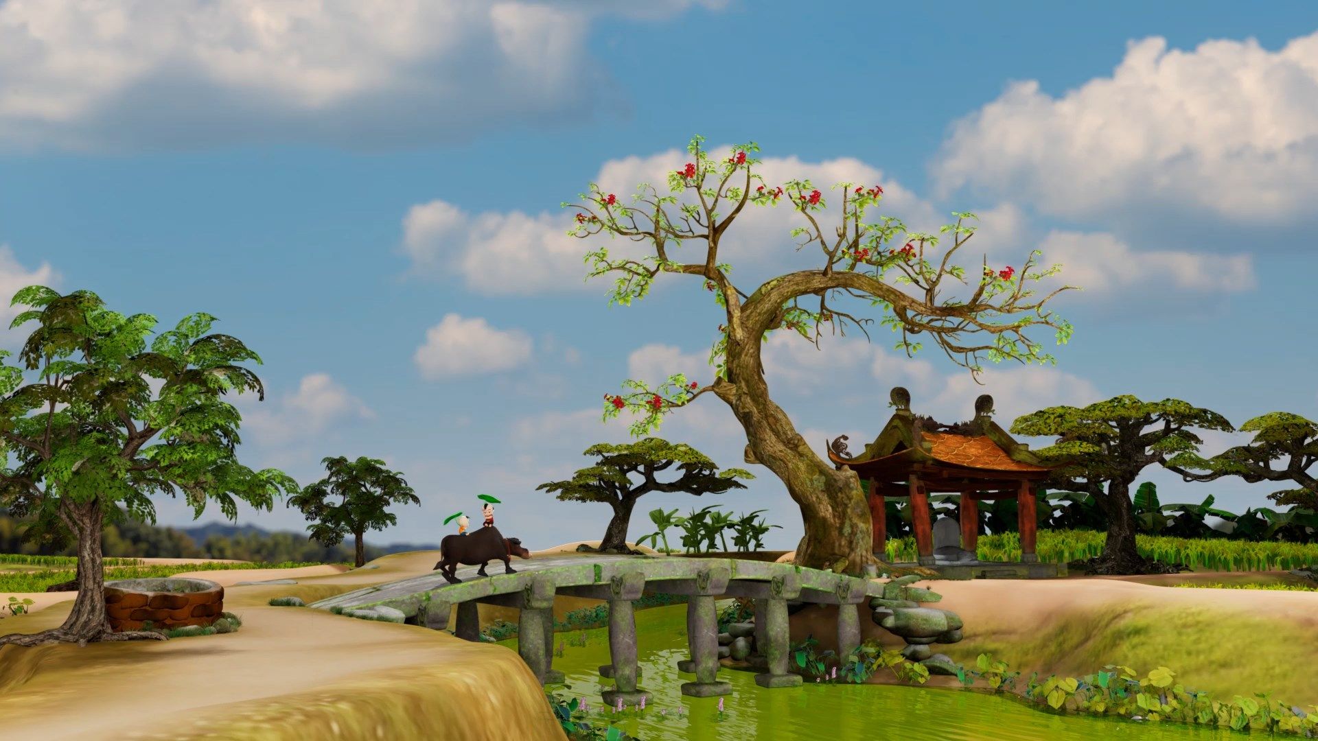 background ink watercolor style of stone bridge over winding river, there is a red cotton tree beside a old traditional Vietnamese building