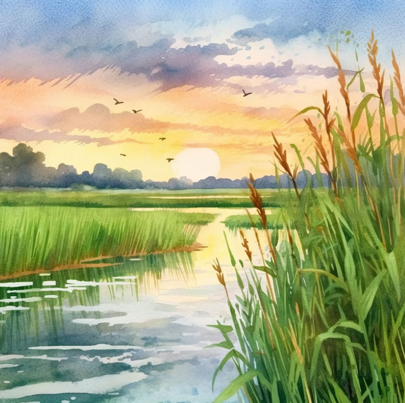 Watercolor of Marsh Sunrise