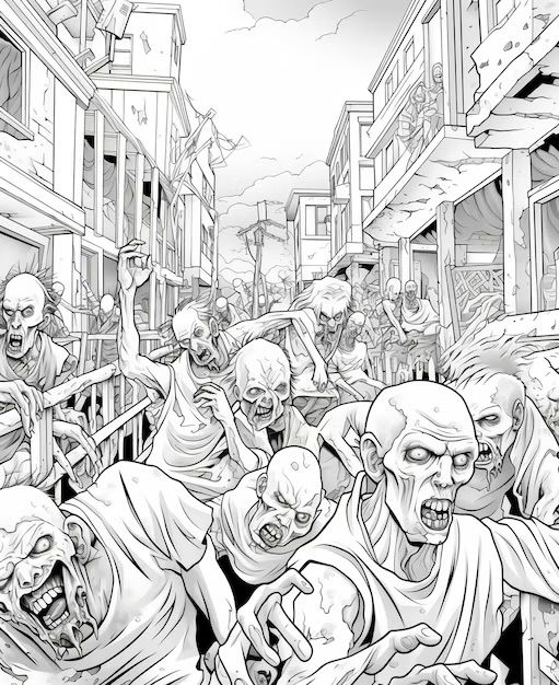 A zombie horde running up a street 