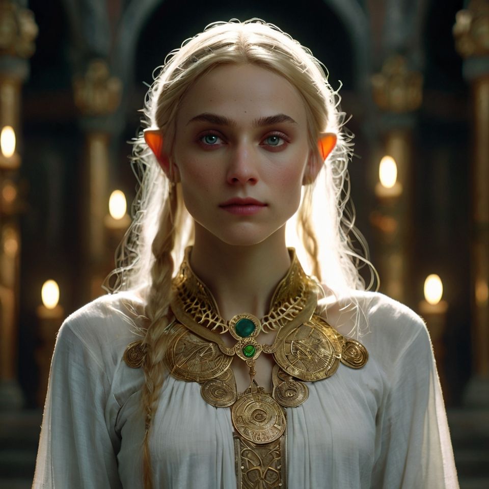 Half-body portrait of a tall and slender elf priestess with an elegant bearing, posed in the mystical Eldoria Temple