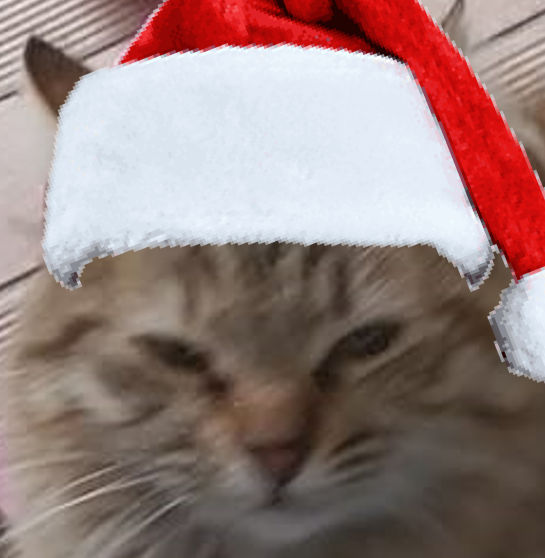 Squinting fluffy tabby Siberian forest cute cartoon kitten, wearing a Christmas hat, by artist "anime", Anime Key Visual, Japanese Manga, Pi...