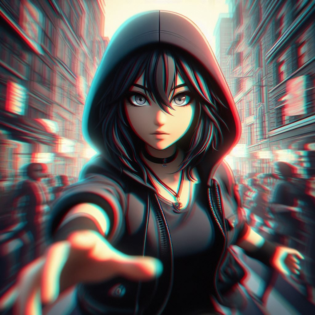 <lora:Fantasy 3d character:1.0> A psychedelic 3D anaglyph effect, a beautiful young Asian girl with long hair wearing a hoodie, closed eyes...