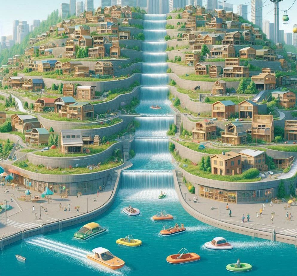 Living around a waterfall on a pyramid with sliding houses 8k resolution concept art by Greg Rutkowski dynamic lighting hyperdetailed intric...