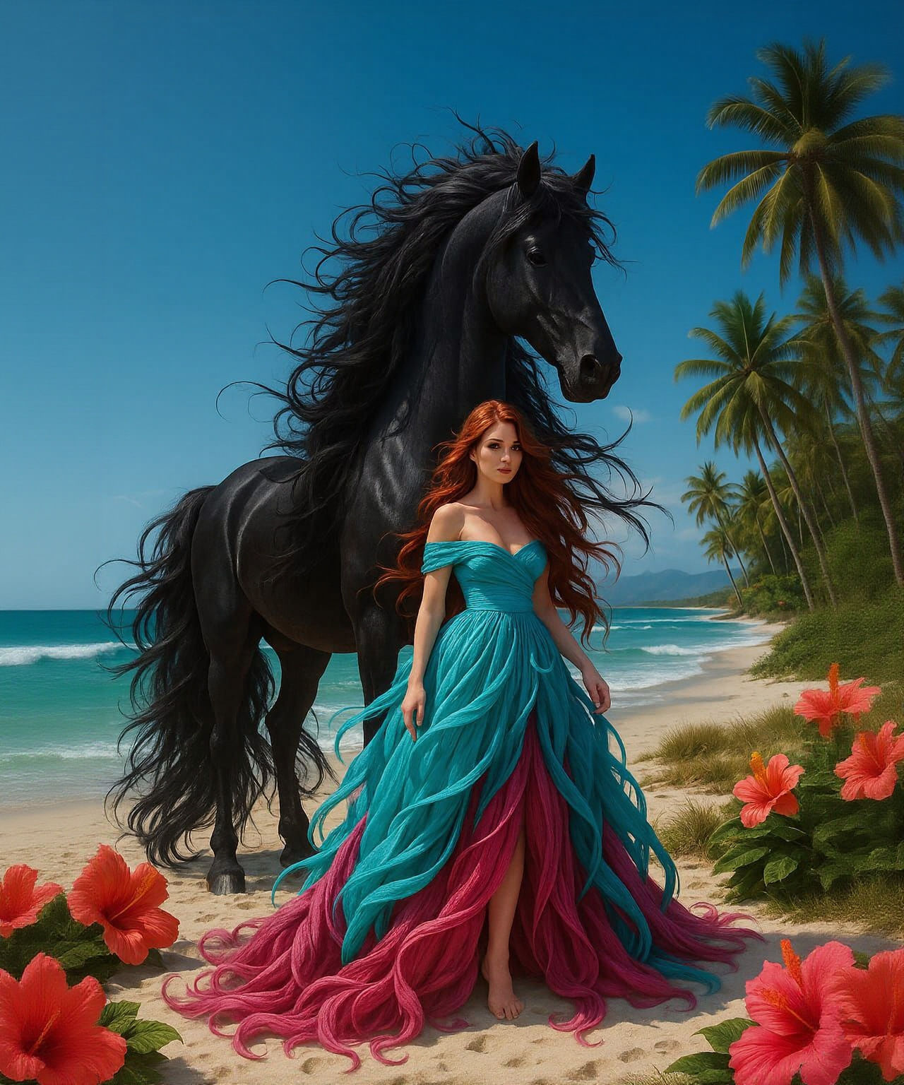 The camera follows as the beautiful lady and the horse walk on the beach