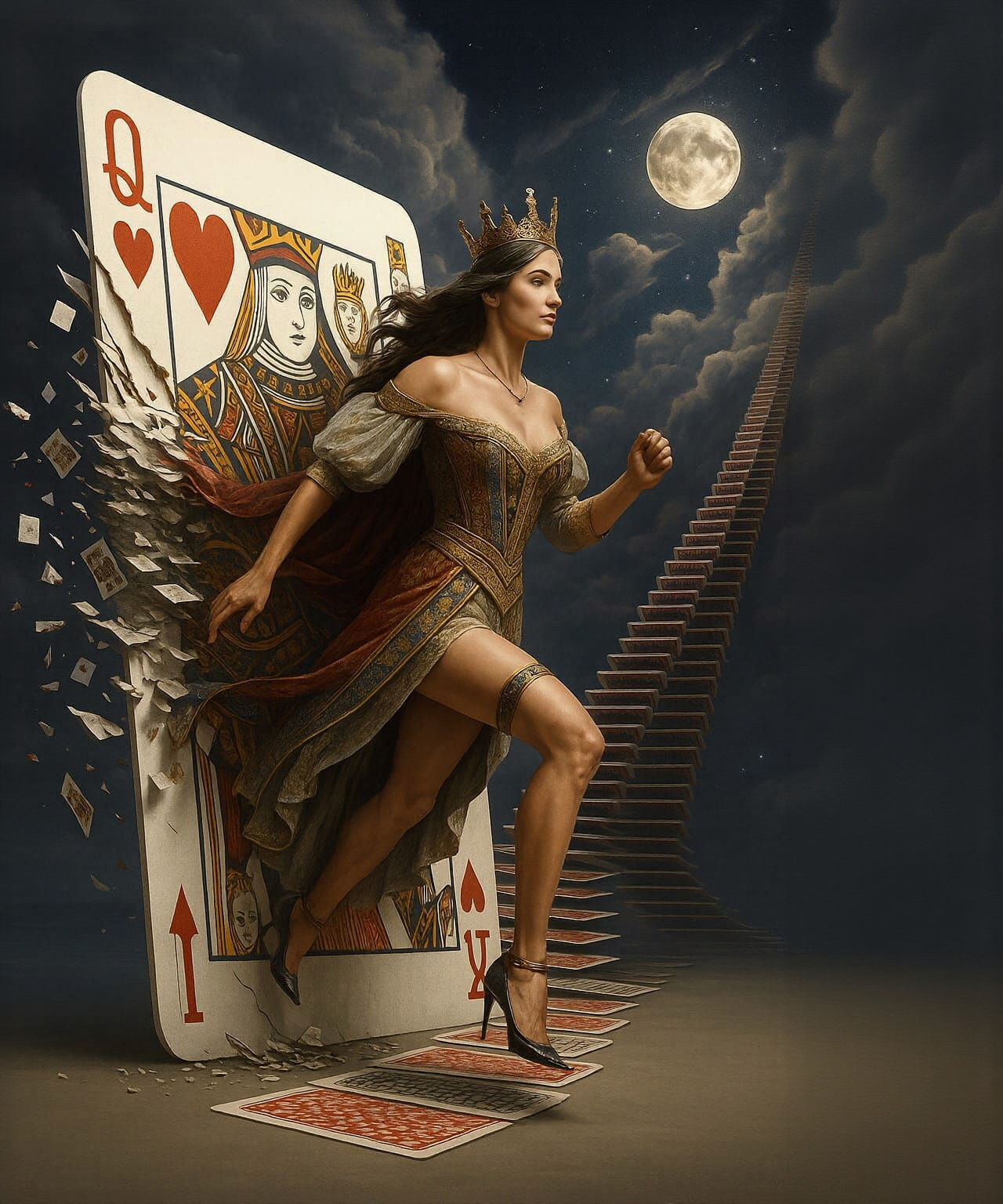 the beautiful queen steps out of the gigantic queen of hearts card piece. She turns towards us and smiles gently. Many little cards are shoo...
