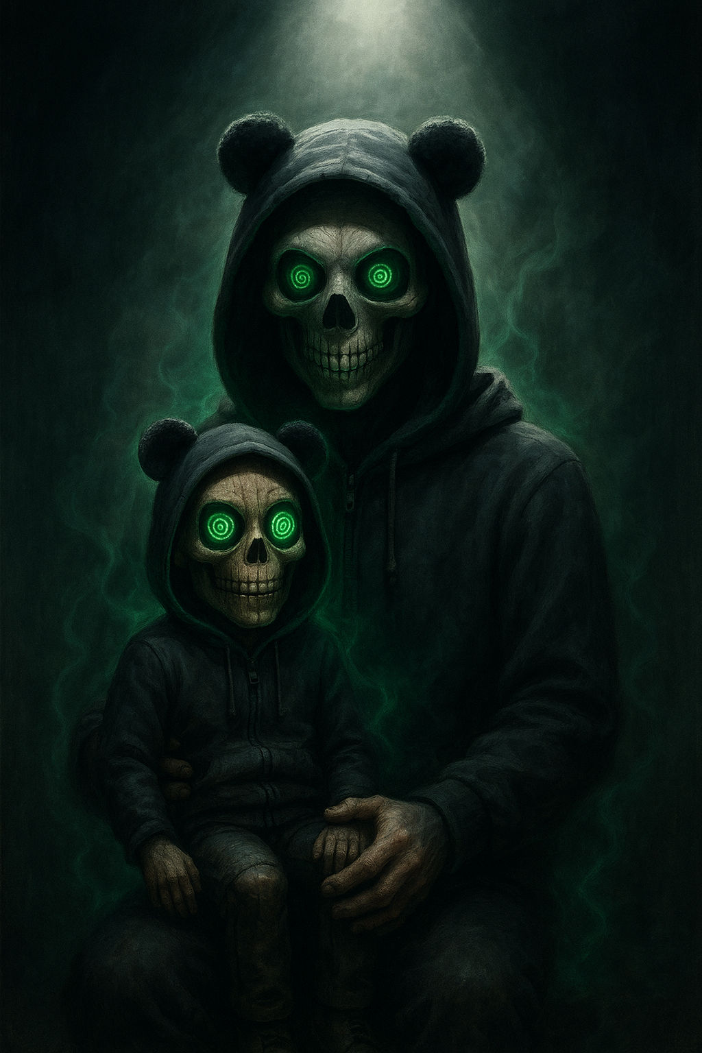 Hyper-realistic horror-fantasy scene of Moonfire performing as a ventriloquist on a dim stage with a single overhead spotlight. Moonfire wea...