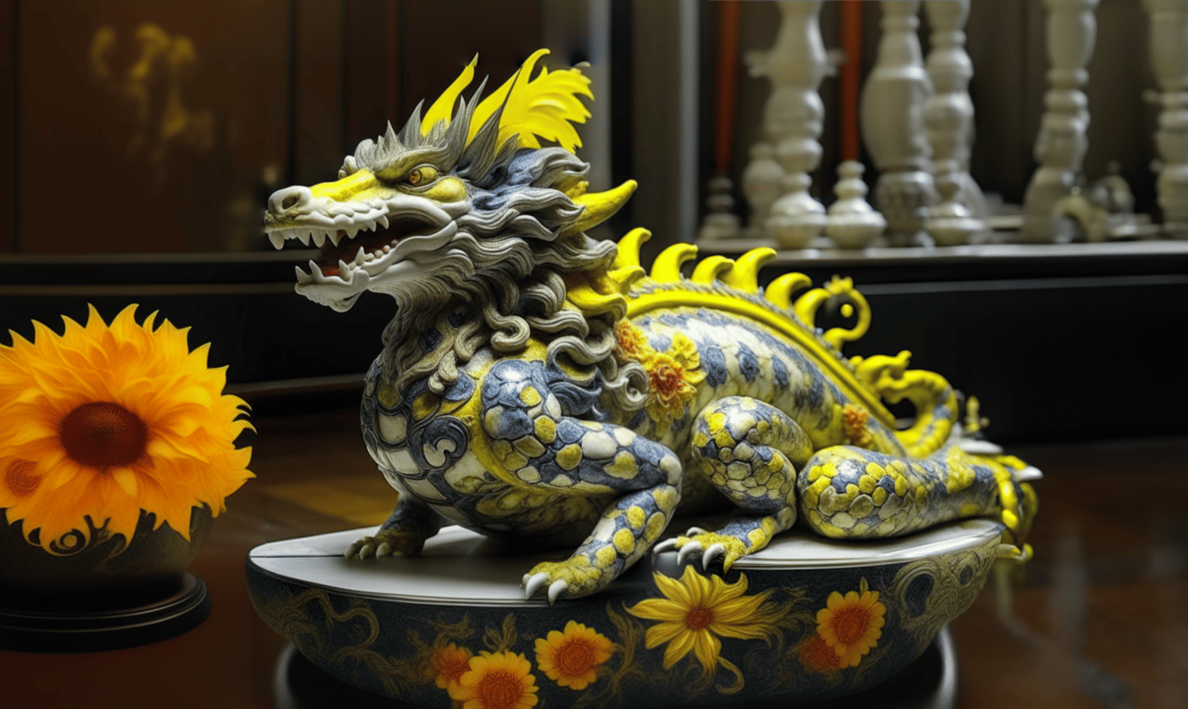 Crystal sunflower, dragon, mirror, water, sunlight, floating clock, Dali