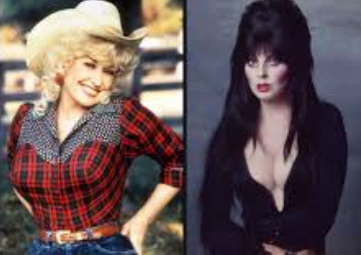 Elvira and Dolly Parton twin sisters, both witches from humble roots. 