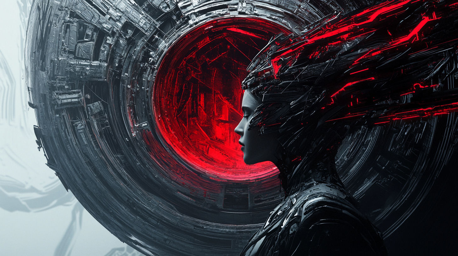 Cyberpunk princess with fiery cracks in her skin, dissolving into fire